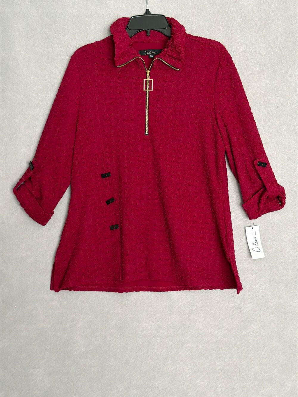 Calessa Quarter Zip Top Funnel Neck 3/4 Roll Tab Sleeves Crimson Women's PM NEW